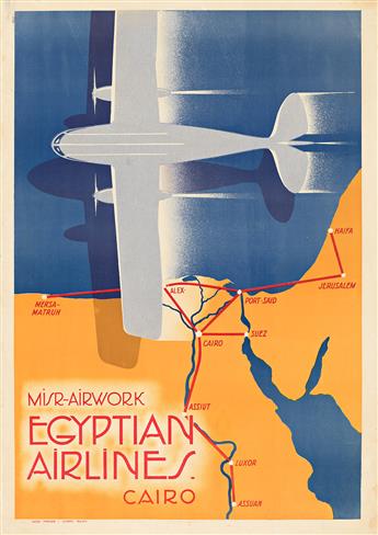 N. STREKALOVSKY (DATES UNKNOWN). MISR - AIRWORK / EGYPTIAN AIRLINES. Circa 1934. 39¼x28 inches, 99½x71 cm. Misr Press, Cairo.                    